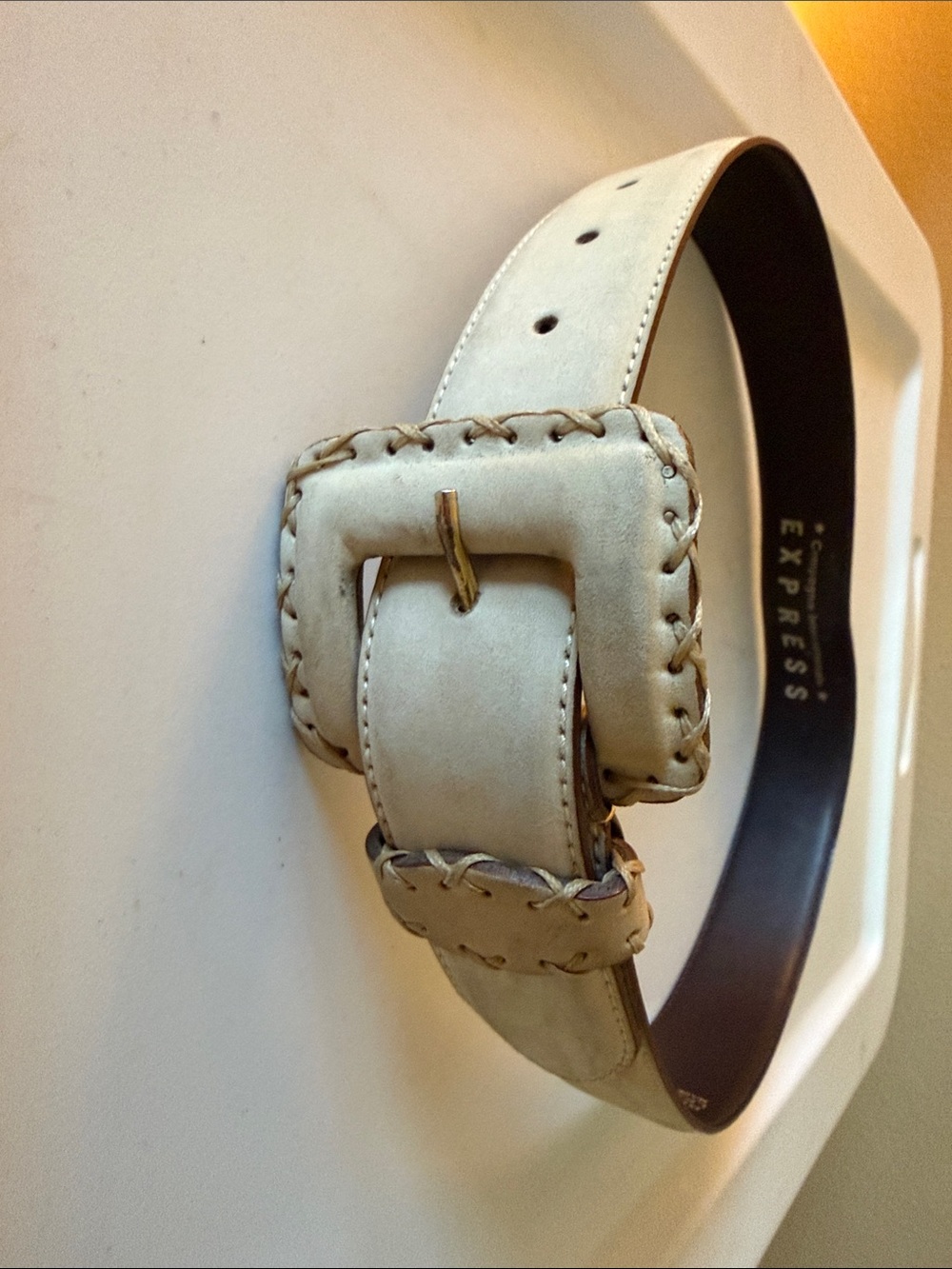 Express Cream Leather Belt with Whipstitch Buckle